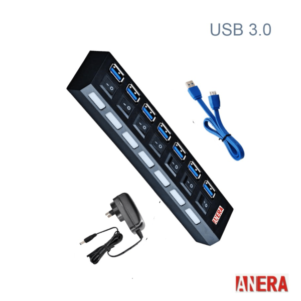 HUB 7 PUERTOS USB ANERA 3.0+ADAPTADOR DE PODER SWITCH/IND AE-USB3.0H701-P