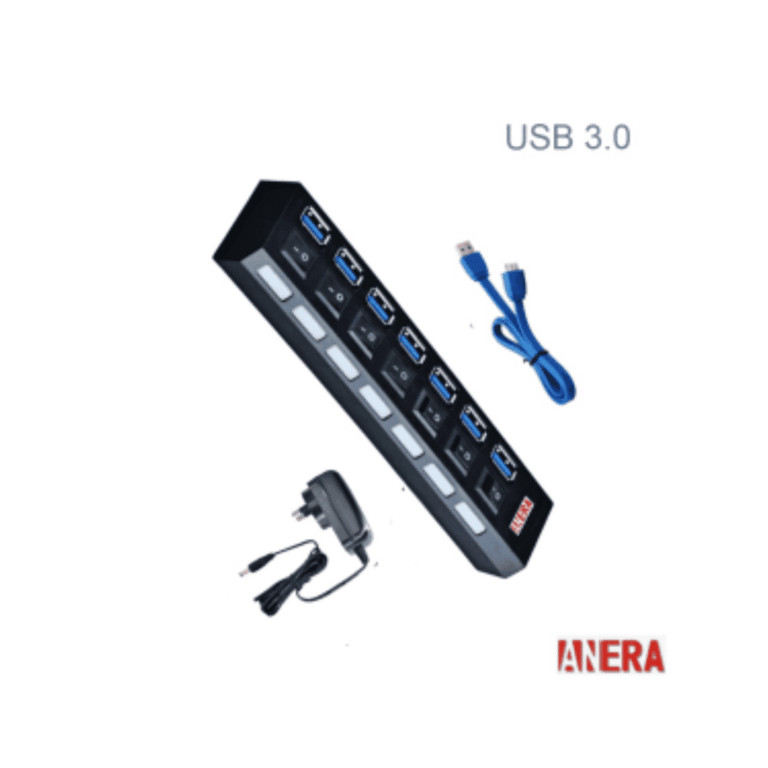 Hub Adaptador  7 Puertos Usb Anera 3.0+adaptador De Poder Switch/ind Ae-usb3.0h701-p