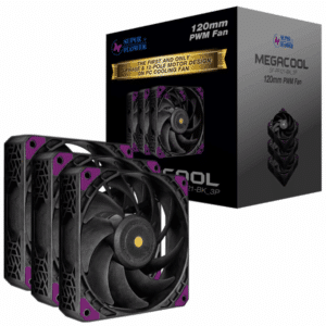 Super Flower, MEGACOOL 120mm Fan, Triple-pack, 12-pole Motor Design, Super Cooling Performance, Pwm, Purple Anti-vibration Mounting Pads, Computer Case Fan, Remote Control, SF-PF121-BK_3P, 30mm Depth | SKU FAN-SF123 - FAN - FAN-SF123 - SUPERFLOWE - SF-PF121-BK_3P