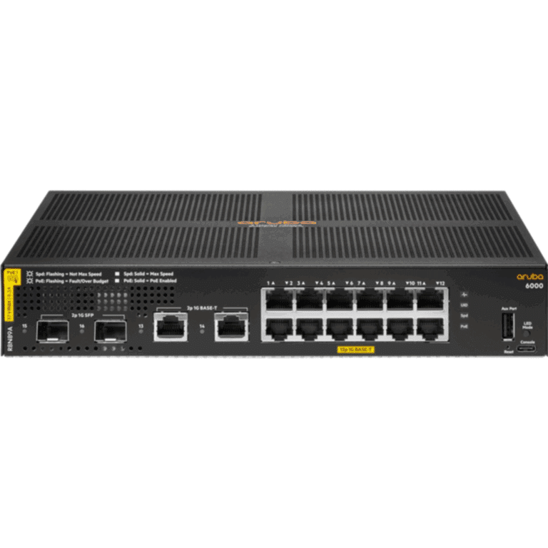 HPE Aruba 6000 12G Class4 PoE 2G/2SFP 139W Switch - Conmutador - Gestionado - 12 x 10/100/1000 (PoE+) + 2 x Gigabit SFP + 2 x 1000Base-T - montaje en rack - PoE (139 W) - Redes - Hubs & Switches - R8N89A