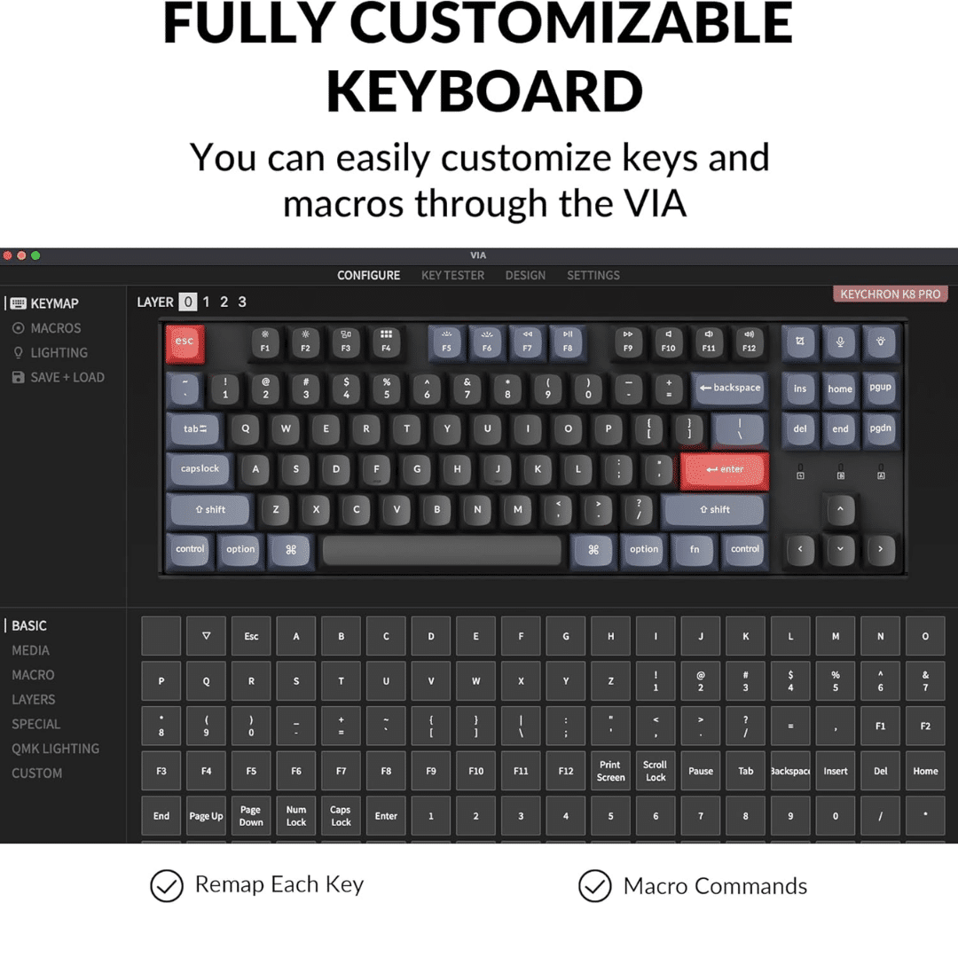 Keychron Keychron KB K8P-J1 K8 Pro QMK VIA WL FullyAssembled Alu GateronG ProRed Black KB 288336 K8P-J1 (2)