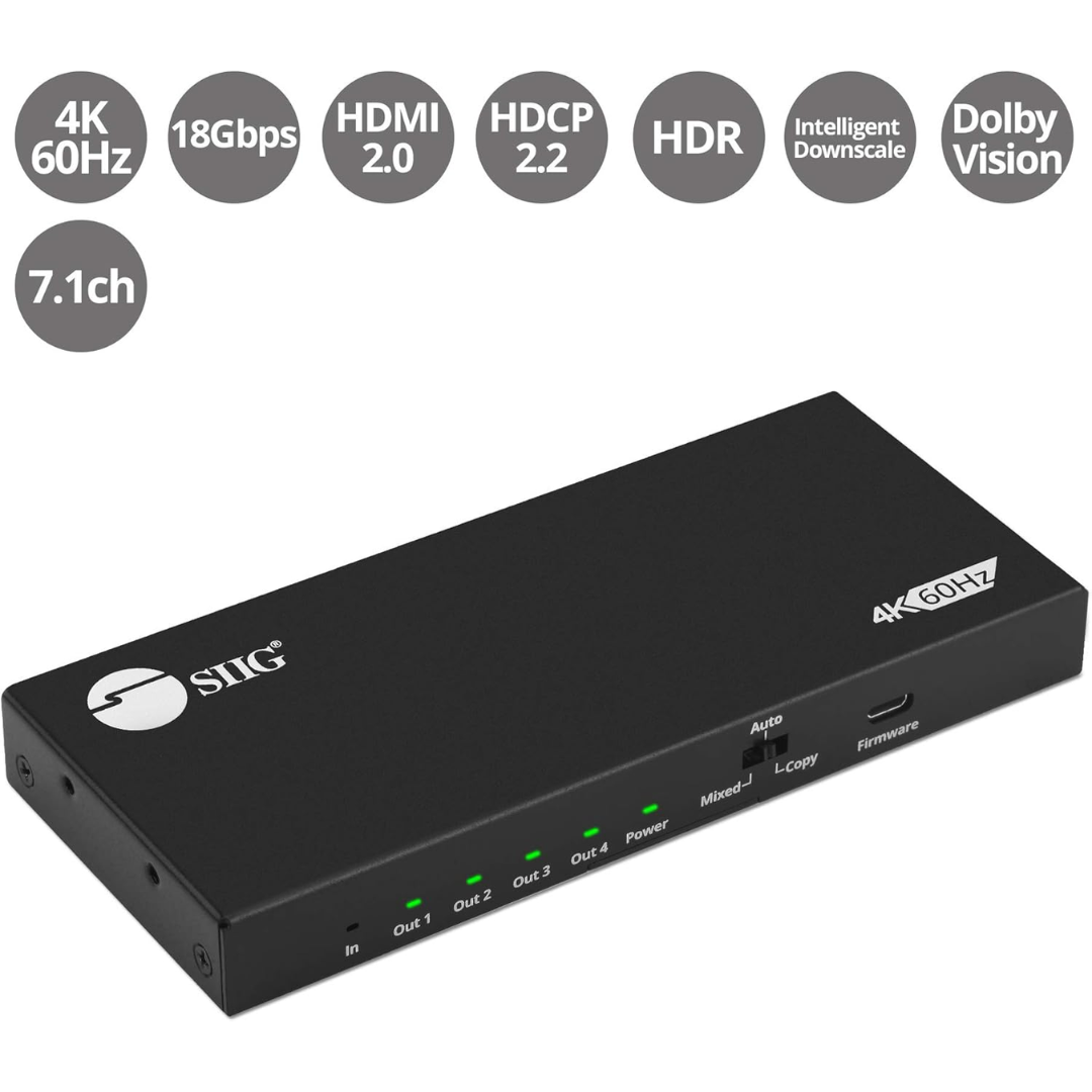SIIG SIIG AC CE-H26C11-S1 4Port HDMI 2.0 HDR Splitter with EDID and Downscaling AC 246180 CE-H26C11-S1 (2)