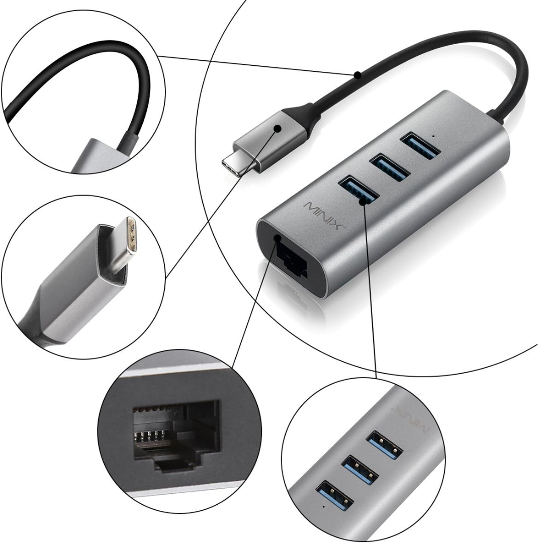 MINIX MINIX Accessory NEO C-UEGR USB-C 3xUSB 3.0 LAN 3 Ports Gray Silver Retail AC 209782 NEO C-UEGR (5)