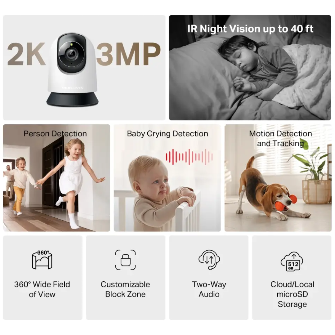 Camara Mercusys Wi-fi Panoramica 360grados 2k 3mp Mon Vertical-horizontal Segui Int Vis Noct - Ca