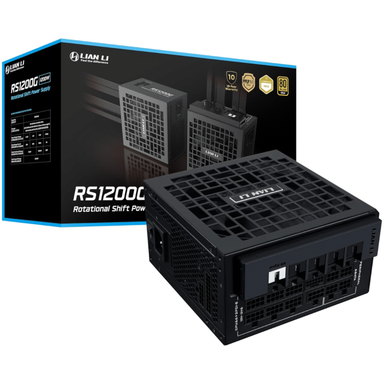 Lian Li RS 1200W Rotational Shift Fully Modular ATX Power Supply (w/usb Fan Hub) 90° AC Inlet, Cybenetics Platinum, 80+ Gold, ATX 3.1, Pcie 5.1, 12V-2x6 Cable, Black (RS1200G.BH) | SKU PS-RS12003 - PS - PS-RS12003 - LIAN-LI - 840353049475 - RS1200G.BH