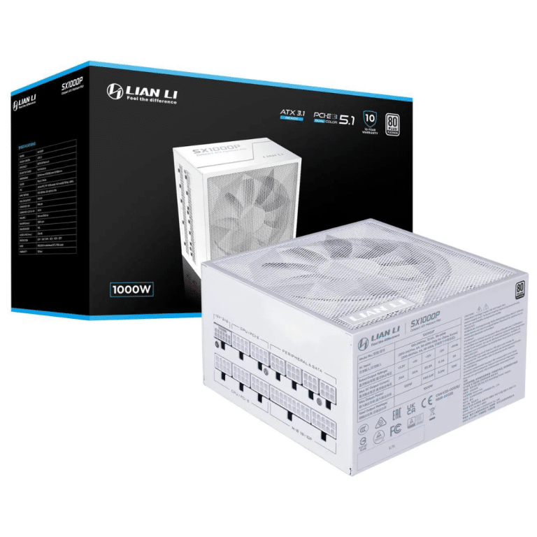 Lian Li SX 1000W Full Modular ATX Form Factor Power Supply With 12V-2x6 Cable - ATX 3.1 & PCIE 5.1 Compliant, Cybenetics Platinum Efficiency - 100 Percent Japanese 105C Capacitors - White (SX1000P.W) | SKU PS-SX10PW4 - PS - PS-SX10PW4 - LIAN-LI - 840353051959 - SX1000P.W