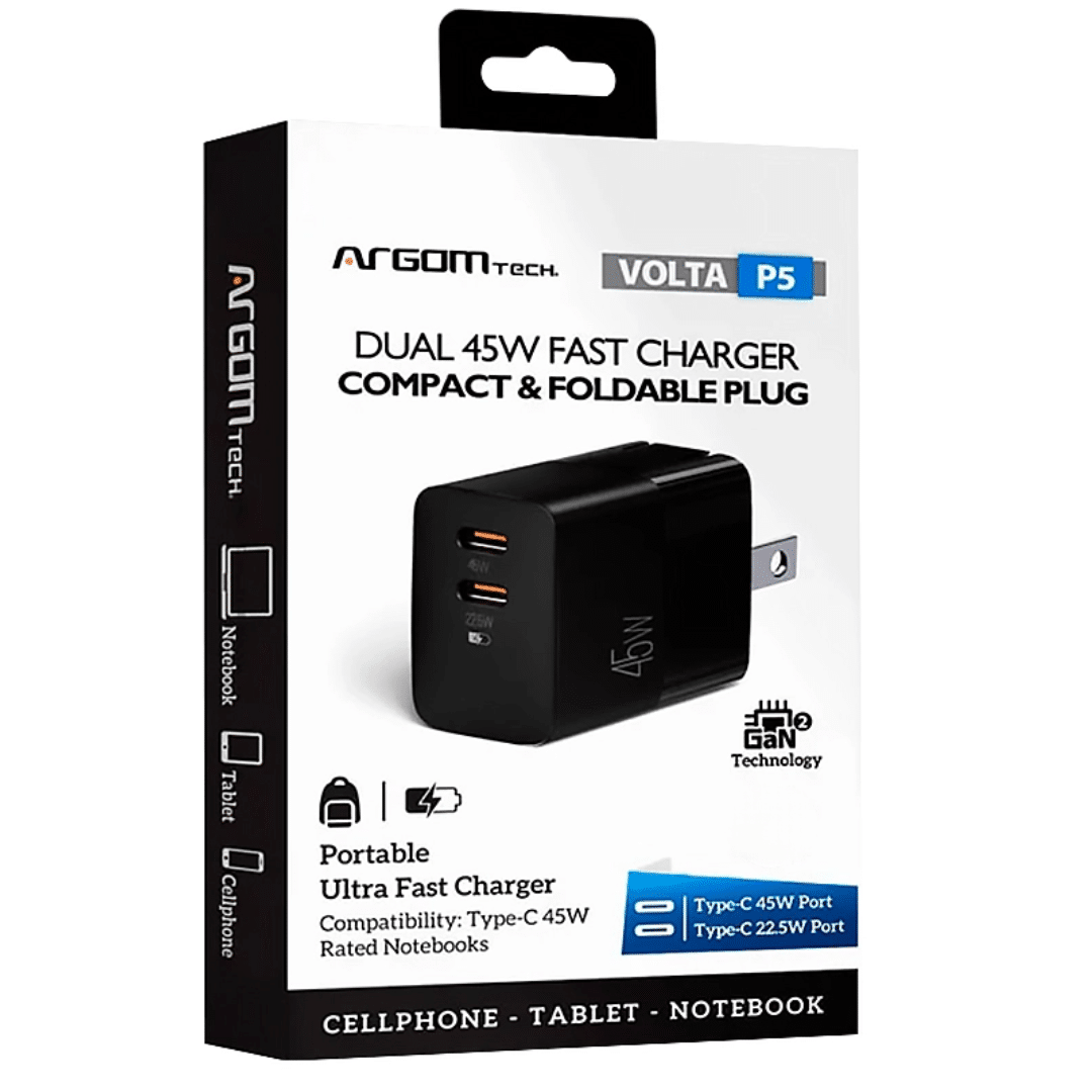 Wall Charger Dual Argom Volta P5 Gan Ii 45w Carga Rapida 2 Cont Type-c Nebro - Accesorios - ARG-AC-0134BK (6)