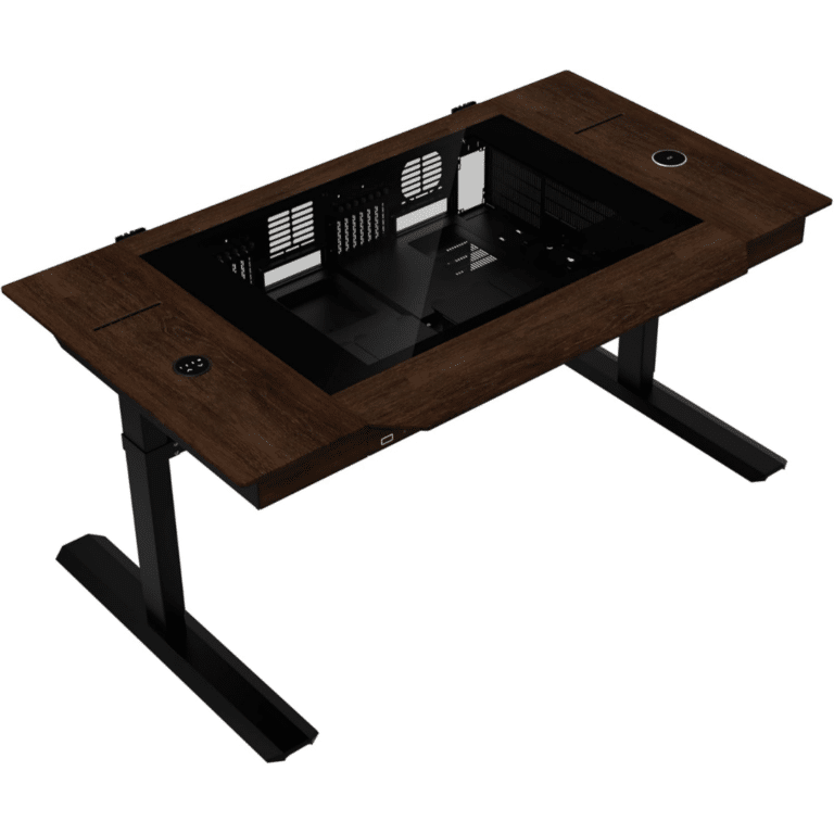 Lian Li DK-07 Wood Motorized Standing Desk | Dual E-ATX Ready, Real Wood Top, Built-in Wireless Charging, Height Adjustable, Up To Dual 480/420 Radiators, 17-Fan Support,dual-system PC Desk(DK07X-WD) | SKU CS-DK07XWD - CS - CS-DK07XWD - LIAN-LI - 840353053717 - DK07X-WD