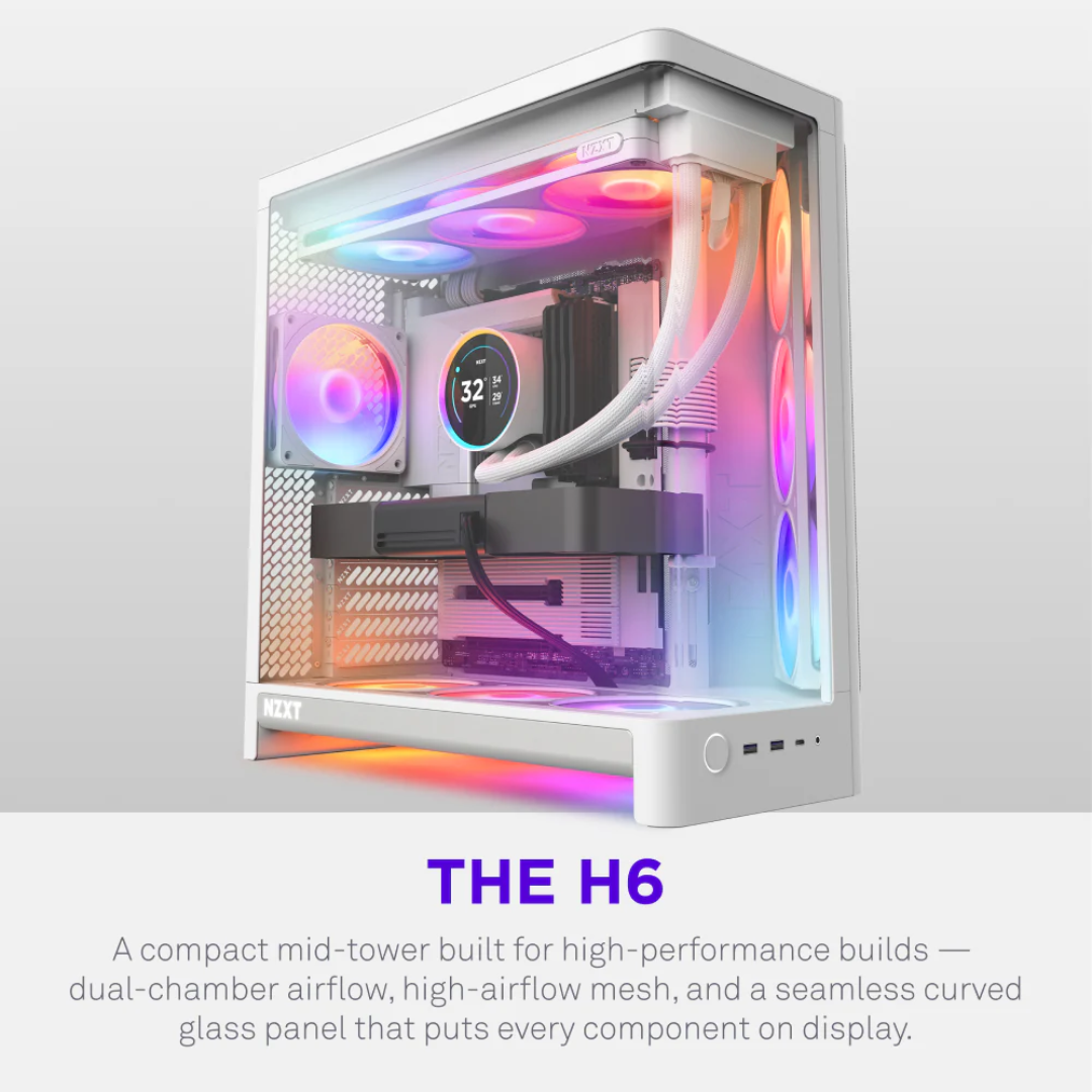 NZXT NZXT CS CC-H62FW-01 H6 (2027) Compact Dual-chamber ATX Case Mid Tower TG White CS 308397 CC-H62FW-01